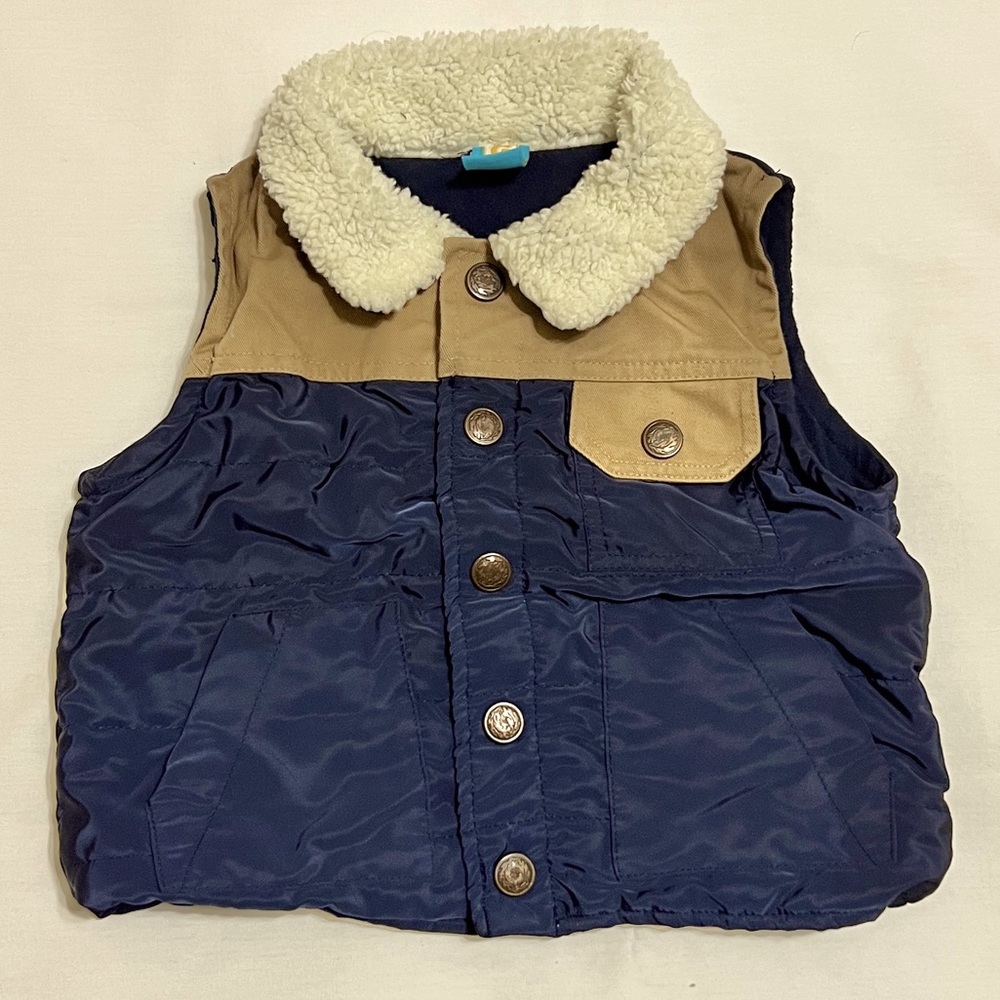 Blue & Brown Fur Faux Button Up Vest Grafito Baby Columbia Jacket 12 months